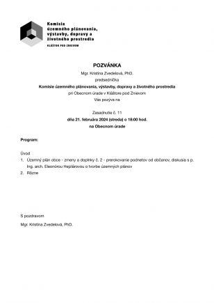 Pozvánka na 11. zasadnutie Komisie územného plánovania, výstavby, dopravy a životného prostredia